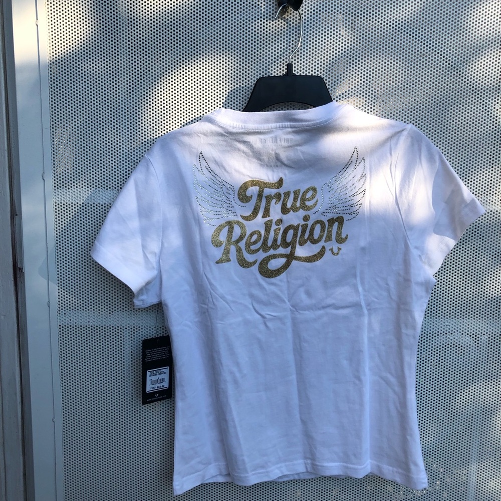 True Religion Women’s White Tee with Gold Logo - Brand New With Tags!